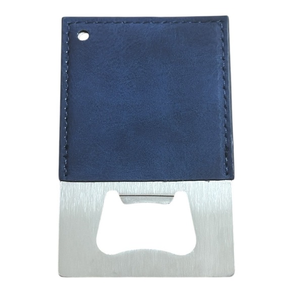 CUSTUM ENGRAVED credit card, Leather/stainless bottle opener BLUE - Picture 1 of 5